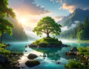 Serene sunrise over a mountain lake, single tree on a small island