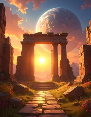 Sun sets behind a stone archway in ancient ruins, a large planet visible in the sky