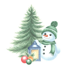 Snowman with lantern and Christmas tree watercolor illustration. Cute kids cheerful character for winter holiday design. Hand drawn isolated clipart for New Year children print, wrapping, postcard.