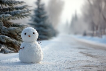 Whimsical Lopsided Snowman Amidst Soft-Focused Evergreens in a Winter Park with Copy Space