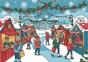 Festive Christmas market scene with people strolling among decorated stalls in a snowy village setting, lit by garlands and snowflakes.