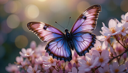 A stunning butterfly with vibrant blue and purple wings rests delicately on blooming pink flowers in a lush garden at twilight, capturing the beauty of nature