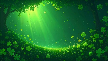 Sunbeams illuminate a clearing in a lush green clover forest