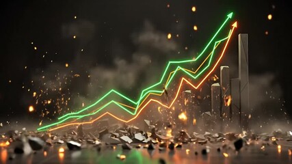 Exploding chart graphic with rising lines against dark background - Powered by Adobe