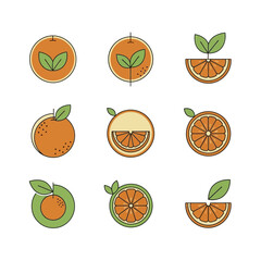Collection of stylized orange fruit line art icons with leaves.