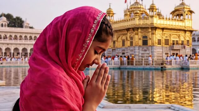 Devoted Sikh Girl Praying at the Golden Temple During Guru Nanak Jayanti Celebrations, Seeking Blessings