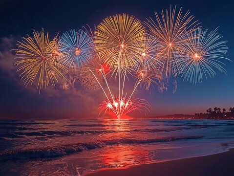 Colorful fireworks explode over calm ocean beach at night with text overlay water