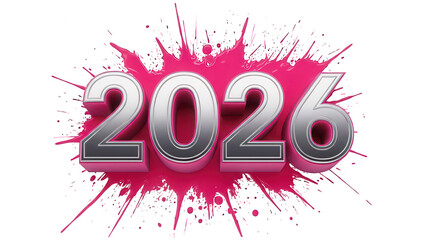 Silver 2026 numbers with pink paint splash background for new year celebrations and future events perfect for graphic design projects and digital marketing on transparent background
