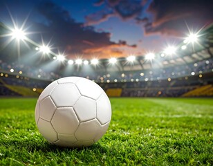 Soccer ball on grassy field at night stadium