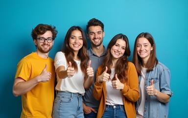 Group of happy young photographers showing thumb-up gesture on blue background. High quality