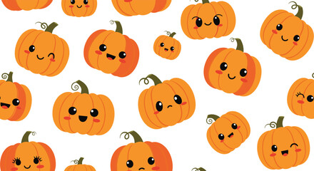 Obraz premium Adorable cartoon pumpkins with happy and diverse expressions form a cheerful seamless pattern, suitable for fall, Halloween, and harvest themes.