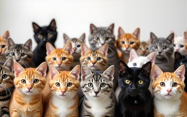 Funny many cats of various breeds and colors, looking expectantly at the camera. High quality