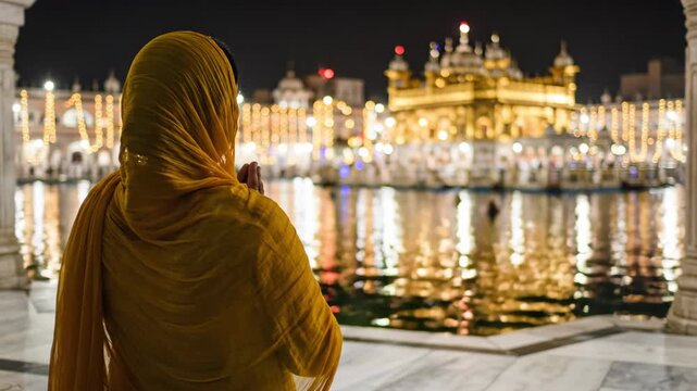 Devotee Praying at Golden Temple on Guru Nanak Jayanti, Seeking Blessings and Celebrating Sikh Faith