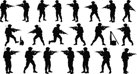 Soldier silhouette vector, armed military pose, rifle action, tactical stance, black icon, combat gear, minimal design, defense, war graphic
