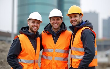 Men builders in reflective vests and helmets pose for photo smiling during work break. Cheerful workers friends in warm uniforms stand on construction site. High quality