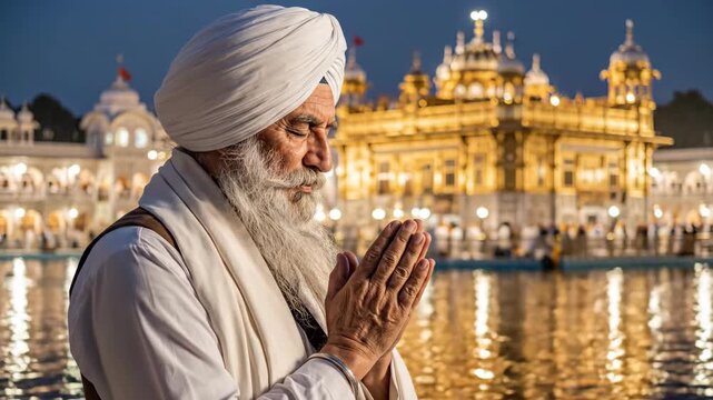 Devout Sikh Man Praying at the Golden Temple during Guru Nanak Jayanti Celebration in Amritsar, India