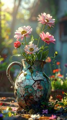 Sunlit daisies in a cracked, aged ceramic pitcher