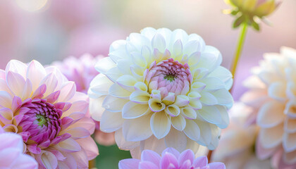 Fototapeta premium Stunning dahlia blossoms in soft pastel hues create a dreamy floral scene perfect for spring designs and delicate backgrounds, evoking peace and serenity
