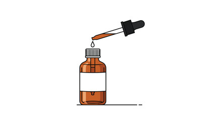 An illustration of a dropper dispensing a single drop of brown liquid into an amber bottle with a blank label, suggesting medication or skincare.