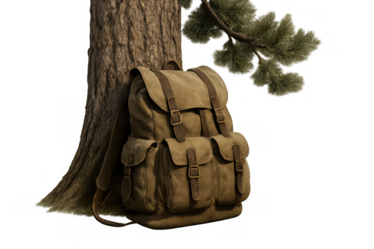 Vintage canvas backpack resting against a pine tree trunk, representing adventure, travel, and camping on transparent background