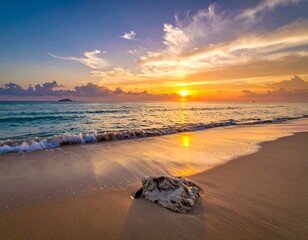 Serene sunset over tranquil ocean beach, waves gently lapping shore, single rock in foreground
