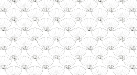 A serene and elegant seamless pattern with delicate grey outline illustrations of scallop shells against a clean white background.