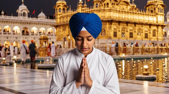 Devout Young Sikh Praying at the Golden Temple During Guru Nanak Jayanti Celebration with reverence and faith.