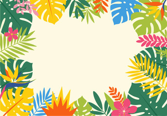 Tropical foliage frame with monstera leaves, ferns, and colorful flowers surrounding a blank, light beige central space.