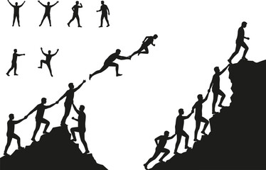 Teamwork silhouette, mountain climbing help, human cooperation vector, leadership, support, success, black graphic, minimal design, achievement, outdoor action