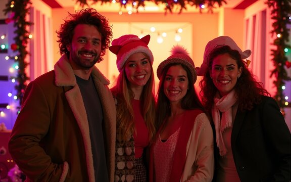 A festive holiday photo booth at a party, with people taking fun pictures with props and decorations. High quality