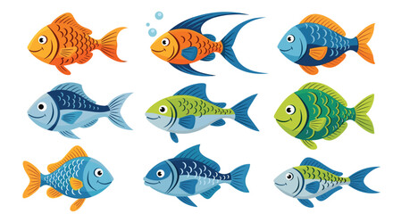 A diverse and vibrant collection of cute and colorful cartoon fish illustrations, showcasing various species happily swimming.