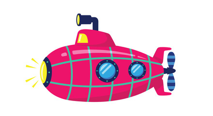 A cheerful pink cartoon submarine with a periscope, glowing headlight, and blue portholes, depicted on a white background.