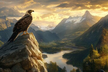 Fototapeta premium Majestic Eagle on Mountain Peak Sunset