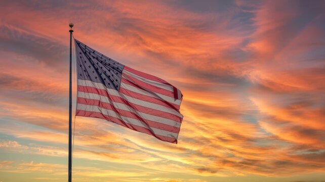 American flag waving against a vibrant sunset sky with orange and pink hues in the background