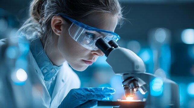 Focused scientist intently examines sample under illuminated microscope in advanced research laboratory setting