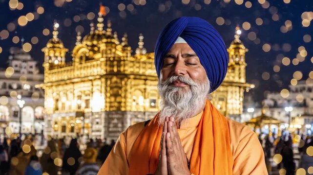Serene Sikh Man Praying at the Golden Temple During Guru Nanak Jayanti Celebration Under Atmospheric Lighting