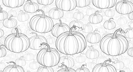 Seamless black and white line art pattern featuring a delightful arrangement of various pumpkins, perfect for autumn harvest and holiday designs.