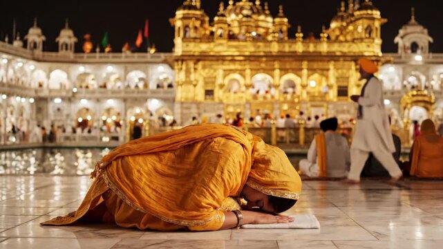 Sikh Devotee Offering Prayers at Golden Temple During Guru Nanak Jayanti Celebration in India