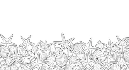 Outline of various seashells and starfish forming a decorative border at the bottom, with ample copy space above on a white background.