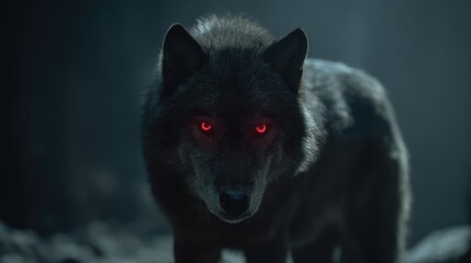 A dark and powerful wolf stands in moonlight its red eyes glowing eerily in the night.