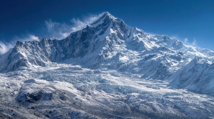 Obraz premium Majestic Mount Meru: A Rugged Peak Surrounded by Glaciers and Snow Under a Serene Blue Sky