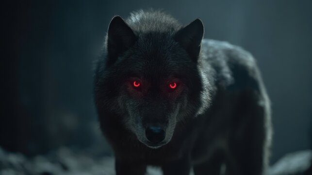 A dark and powerful wolf stands in moonlight its red eyes glowing eerily in the night.