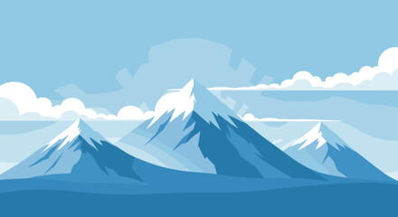 Minimalist vector illustration of majestic snowy mountains under a bright sky with soft clouds, presented in a cool blue color palette.