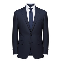 Sharp navy blue two button suit with crisp white shirt and dark blue tie exudes professional confidence for any business occasion