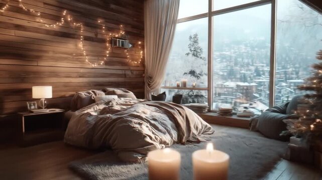 Cozy cabin bedroom with wood walls, string lights, rumpled duvet, snowlit window, tree glow candles