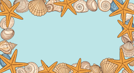 A decorative border of hand-drawn seashells and starfish frames a serene light blue background, perfect for summer designs and ocean-themed invitations.