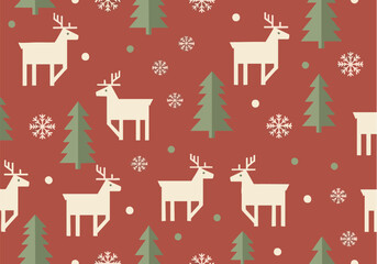Festive repeating pattern featuring geometric reindeer, Christmas trees, and snowflakes on a red background.