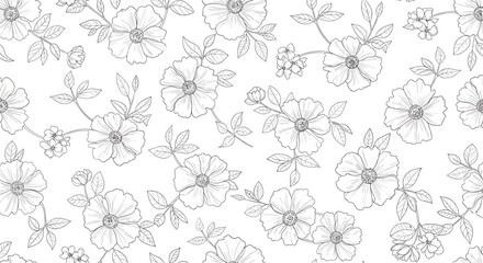 Elegant black and white repeating pattern of detailed floral sketches, featuring blossoming flowers and leaves with a charming dotted line effect.