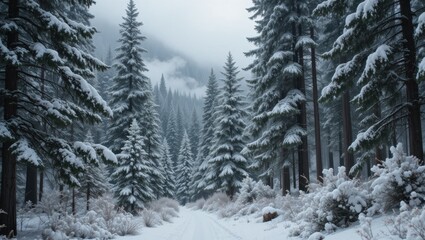 Fototapeta premium Snowy Winter Forest Path Through Evergreen Trees in a Tranquil Landscape
