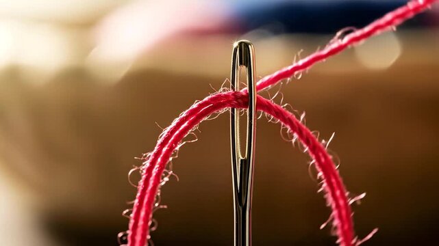 Needle threaded with red yarn macro close up